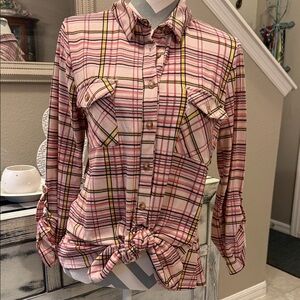 Plaid Button-Up STRETCHY Shirt with Tie Front
